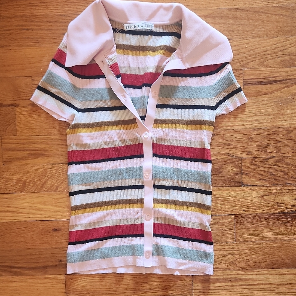 Alice + Olivia Pink Multicolor Striped Short Sleeve Collared Tee